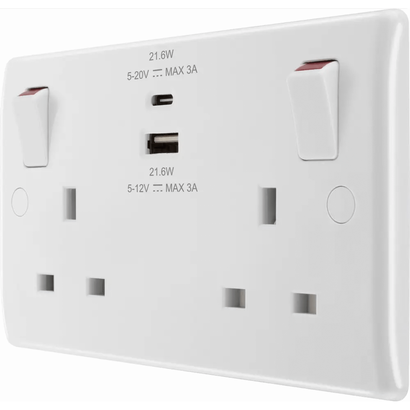 Double Switched Socket with USB A+C 22W - White Moulded - 13A - Image 2